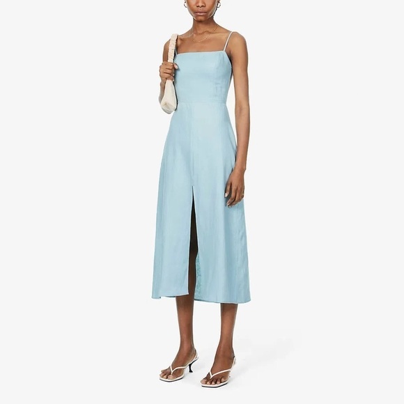 REFORMATION Nia 100% Linen Midi Dress In Turquoise - Picture 4 of 13